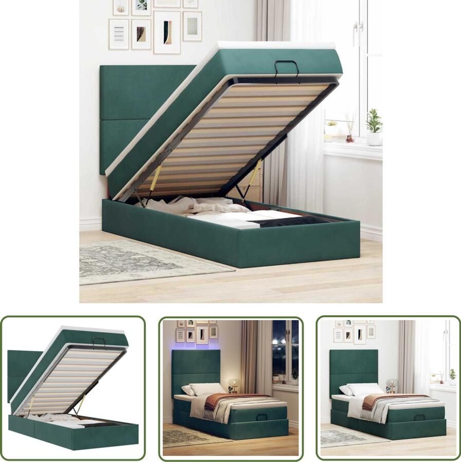 VidaXL Boxspringbed Ottoman Bed Ottoman bed met matrassen en LED's 90x200cm fluweel donkergroen Led Lamp Slaapcomfort Fluweel Bed