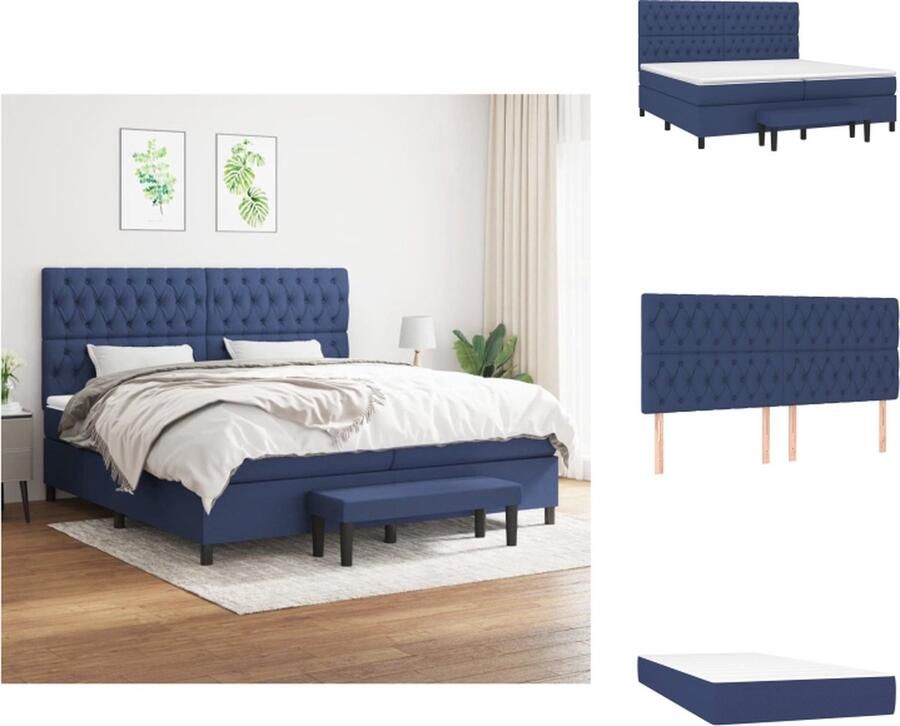 VidaXL Boxspringbed Blauw 203 x 200 x 118 128 cm Duurzaam en comfortabel Verstelbaar hoofdbord Pocketvering matras Middelharde ondersteuning Huidvriendelijk topmatras Multifunctioneel bankje Inclusief montagehandleiding Bed - Foto 4
