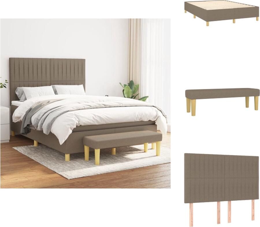 VidaXL Boxspringbed Taupe 193x144x118 128cm Met verstelbaar hoofdbord Pocketvering matras Middelharde ondersteuning Huidvriendelijk topmatras Incl multifunctioneel bankje Bed - Foto 2