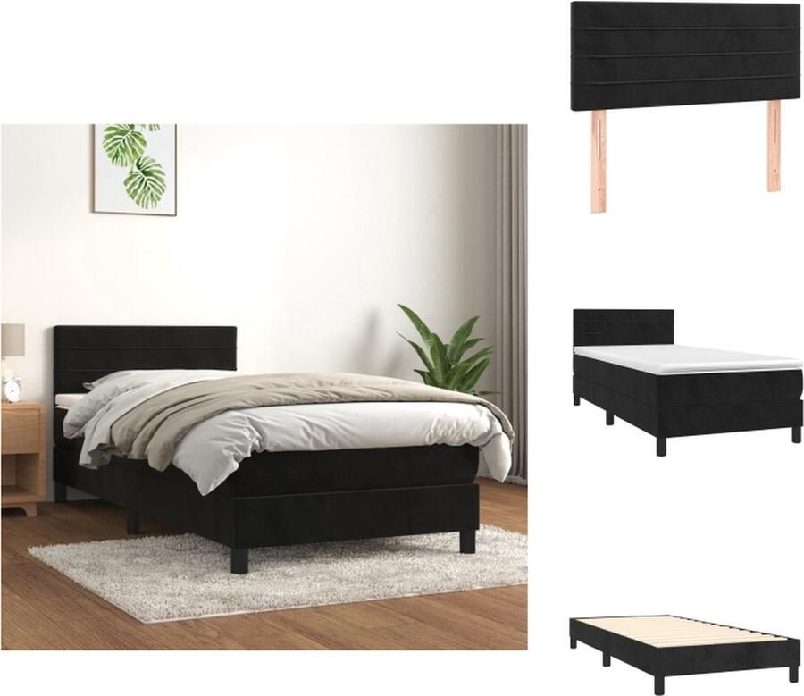VidaXL Boxspringbed Zwart 203 x 100 x 78 88 cm Zacht fluweel Praktisch hoofdbord Pocketvering matras Middelharde ondersteuning Huidvriendelijk topmatras Bed - Foto 2