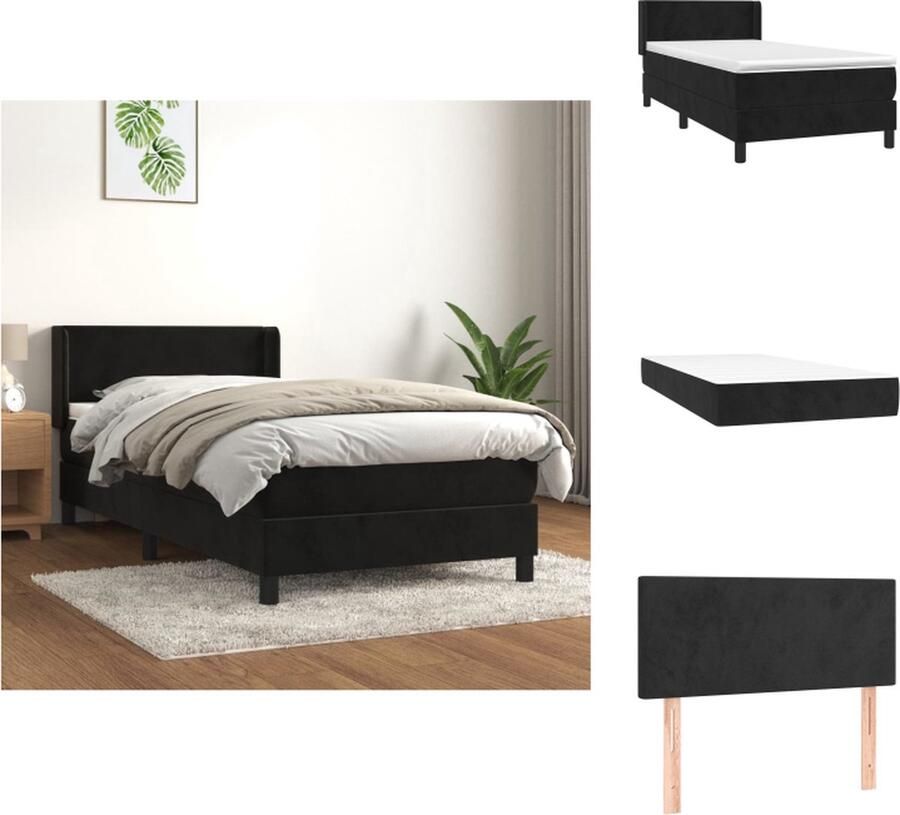 VidaXL Boxspringbed Zacht fluweel Praktisch hoofdbord Pocketvering matras Middelharde ondersteuning Huidvriendelijk topmatras Kleur- zwart Afmetingen- 203 x 103 x 78 88 cm Bed