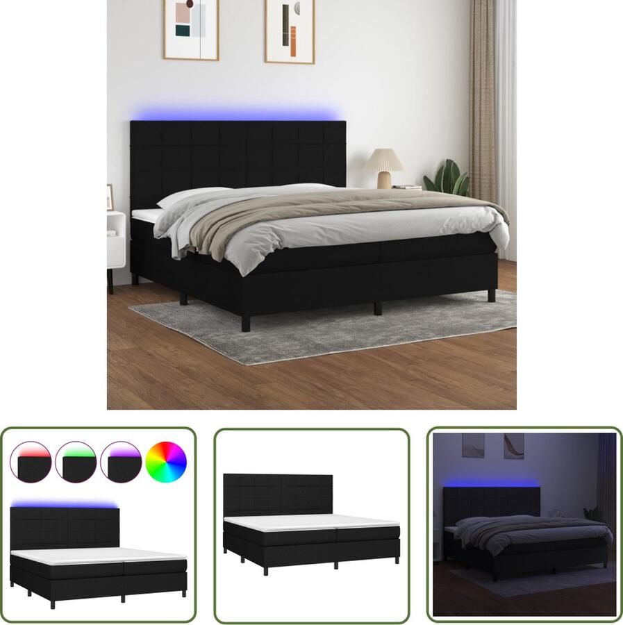 The Living Store Boxspring Bed Zwart 203x200x118 128 cm Met LED-verlichting en Pocketvering Matrassen Huidvriendelijk Topmatras Inclusief 2 LED-strips Boxspring Bed Boxsprings Led Bed Slaapcomfort Tweepersoons Bed