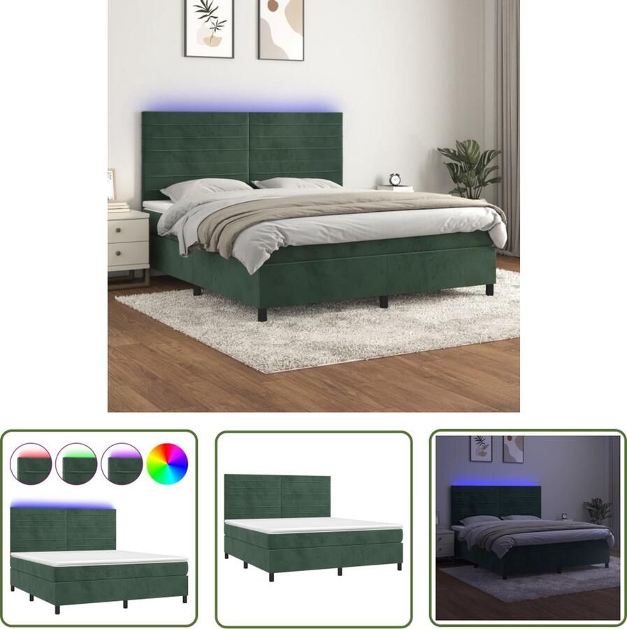 The Living Store Boxspring met matras en LED fluweel donkergroen 180x200 cm Boxspring Boxsprings Tweepersoonsbed Velvet Bed Groen Bed