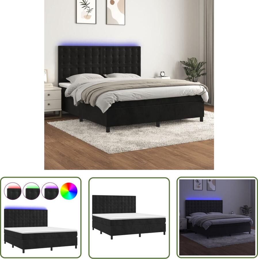 The Living Store Boxspring Bed Zwart Fluwelen Materiaal 203x160x118 128 cm Verstelbaar Hoofdbord Kleurrijke LED-verlichting Pocketvering Matras Huidvriendelijk Topmatras Inclusief Montagehandleiding en LED-strips - Foto 2