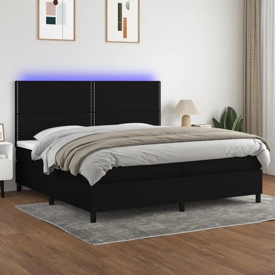 The Living Store Boxspring Bed Zwart 203x200x118 128 cm Verstelbaar hoofdbord Kleurrijke LED-verlichting Pocketvering matras Huidvriendelijk topmatras Boxspring Boxsprings Tweepersoonsbed King Size Bed Led Lamp