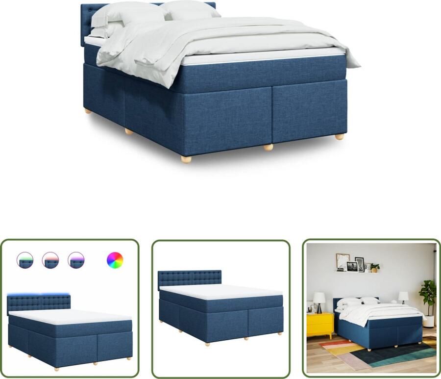 VidaXL Boxspring met matras stof blauw 140x200 cm Boxspring Boxsprings Bed Frame Tweepersoonsbed Led Lamp