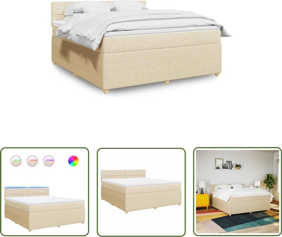 VidaXL Boxspring met matras stof crèmekleurig 180x200 cm Boxspring Boxsprings Bed Frame Tweepersoonsbed Led Lamp