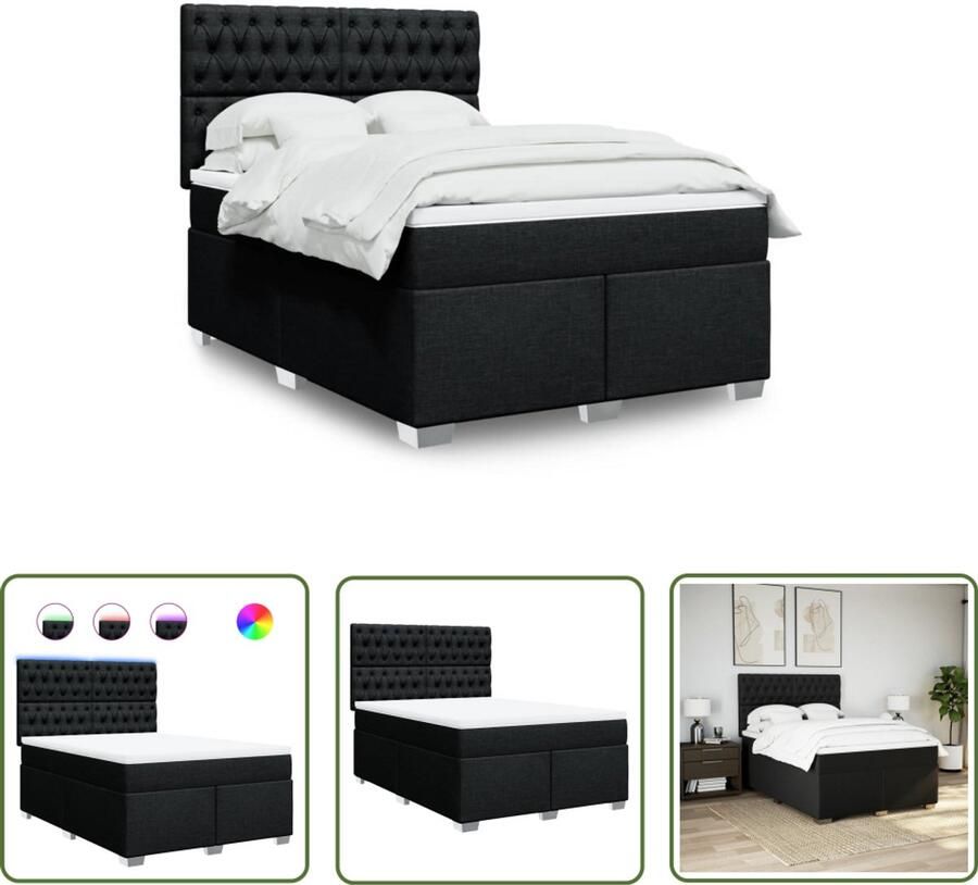 The Living Store Boxspring met matras stof zwart 160x200 cm Boxspring Boxsprings Tweepersoonsbed Led Verlichting Pockethveringmatras