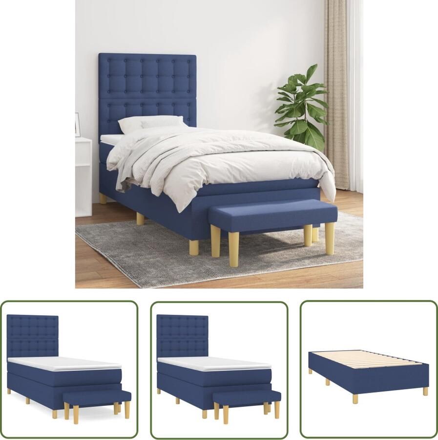 The Living Store Boxspringbed Blauwe stof 193x90x118 128 cm Duurzaam materiaal Verstelbaar hoofdbord Pocketvering matras Middelharde ondersteuning Huidvriendelijk topmatras Multifunctioneel bankje Inclusief montagehandleiding