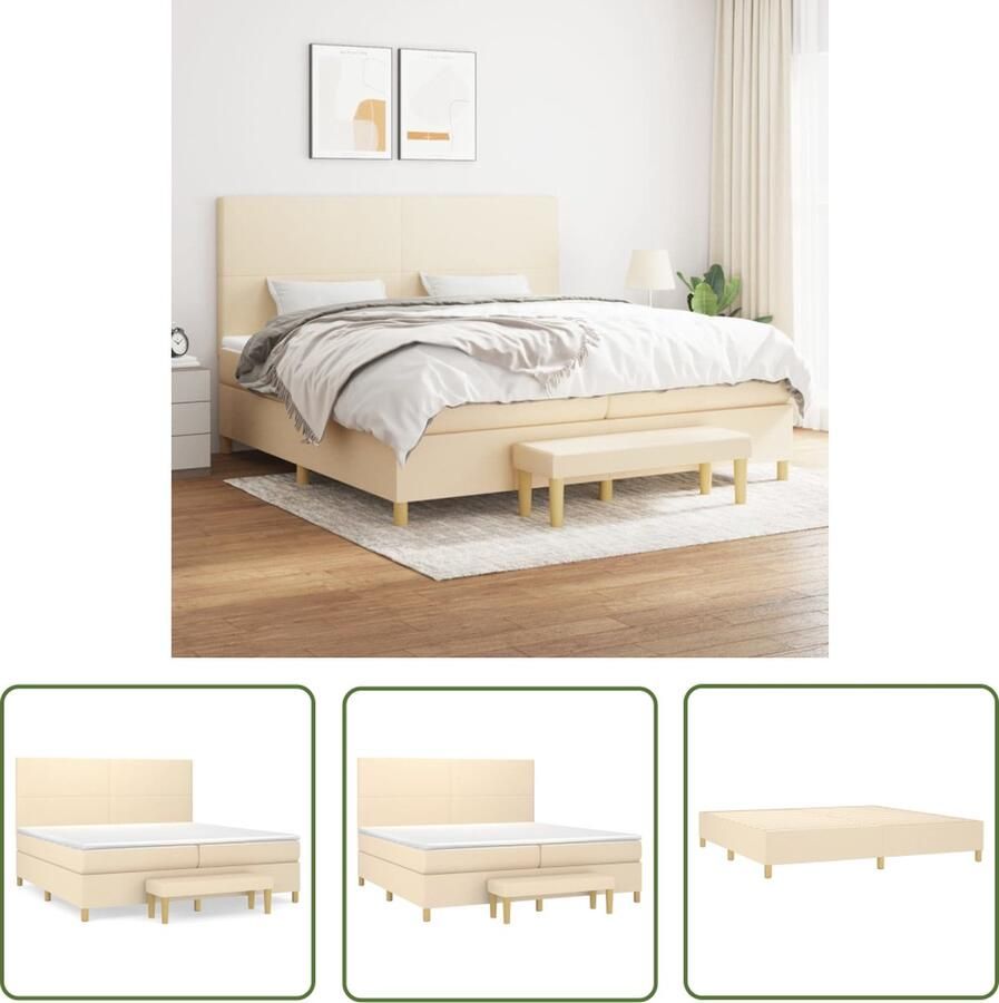 The Living Store Boxspringbed Crème 203 x 200 x 118 128 cm Hoogte verstelbaar hoofdbord Pocketvering matras Middelharde ondersteuning Huidvriendelijk topmatras Multifunctioneel bankje