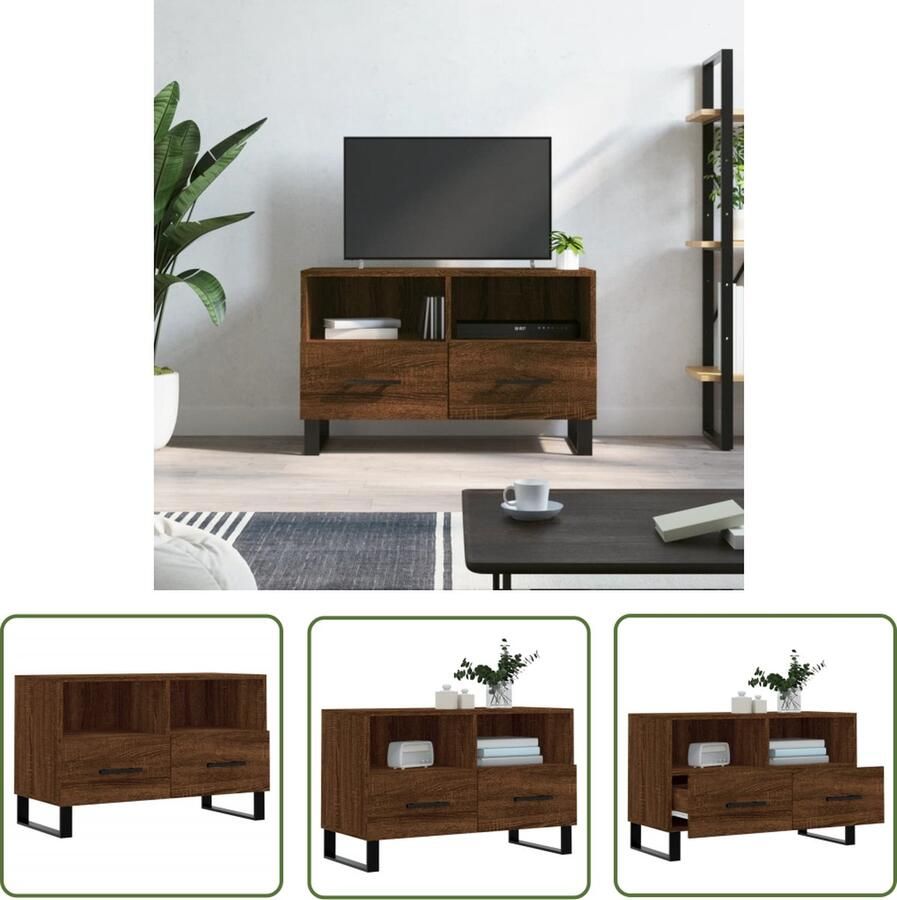 The Living Store TV-meubel Bruineiken 80 x 36 x 50 cm Bewerkt hout en ijzer Tv-meubel Bruin Tv-meubel Houten Tv-stand Mediabox Salontafel - Foto 2