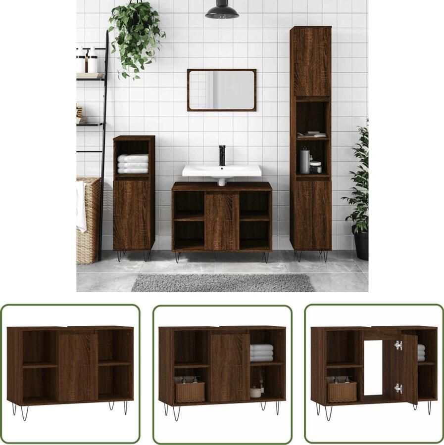 VidaXL Bruine Badkamerkast 80x33x60 cm bewerkt hout bruin eikenkleur Houten Badkamerkast Badkamermeubilair Opslagruimte Badkamer