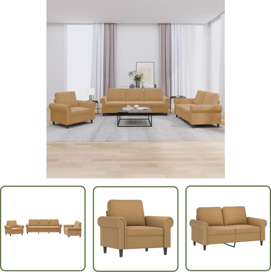 The Living Store 3-delige Loungeset met kussens fluweel bruin Loungebank Bruine Bank Velvet Bank Bankstellen Salon Meubels