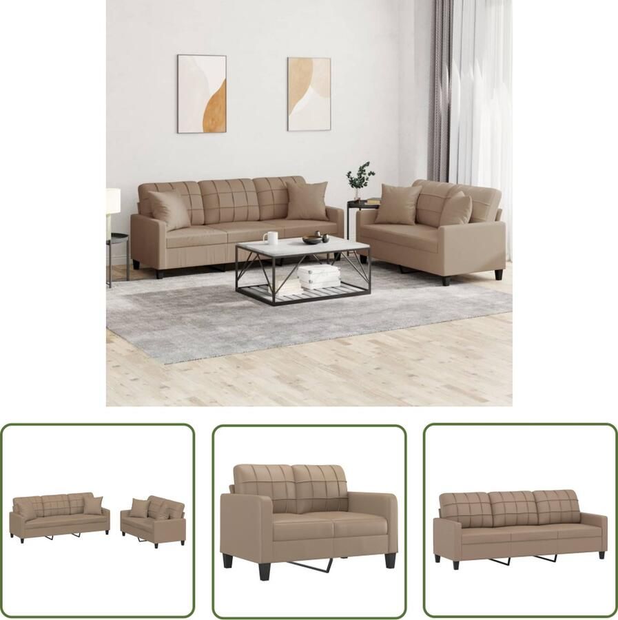 The Living Store Loungeset Cappuccino Kunstleer 2-zitsbank 138x77x80 cm 3-zitsbank 198x77x80 cm Loungeset Bruine Bank Lederlook Bank 2 Persoons Bank 3 Persoons Bank