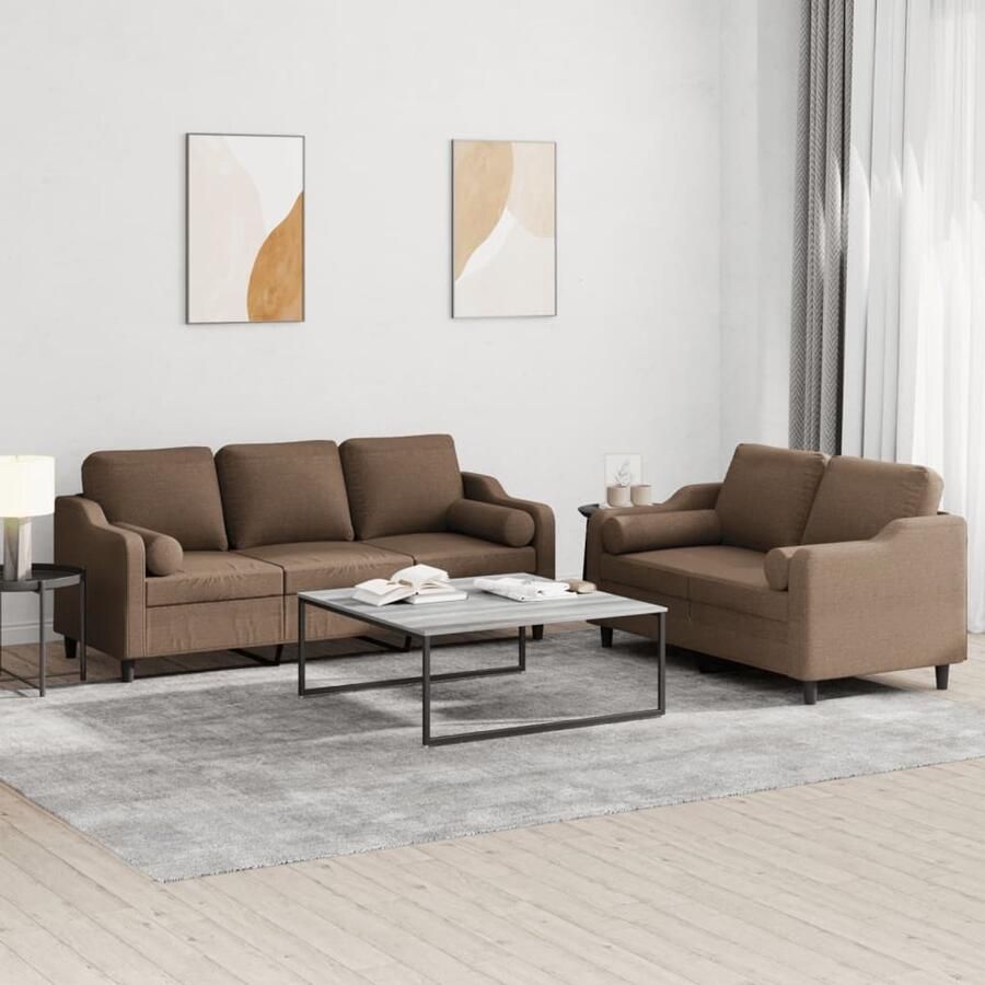 The Living Store 2-delige Loungeset met kussens stof bruin Loungeset Bruine Bank Stoffen Bank Loungemeubel Buitenbank