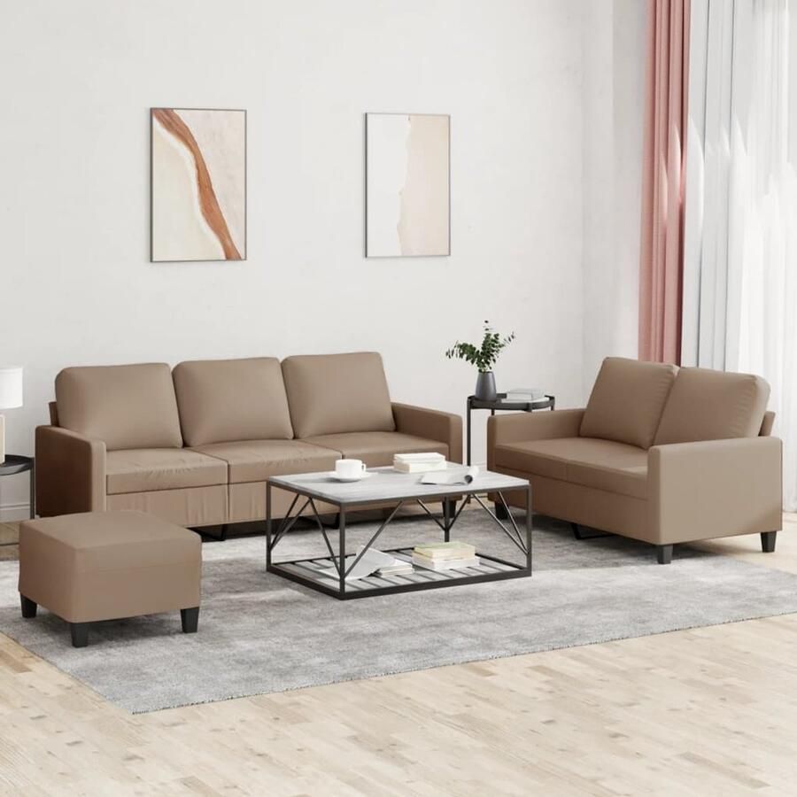 The Living Store 3-delige Loungeset met kussens kunstleer cappuccino Loungeset Bruine Bank Lederlook Bank Buitenmeubel Tuinlounge
