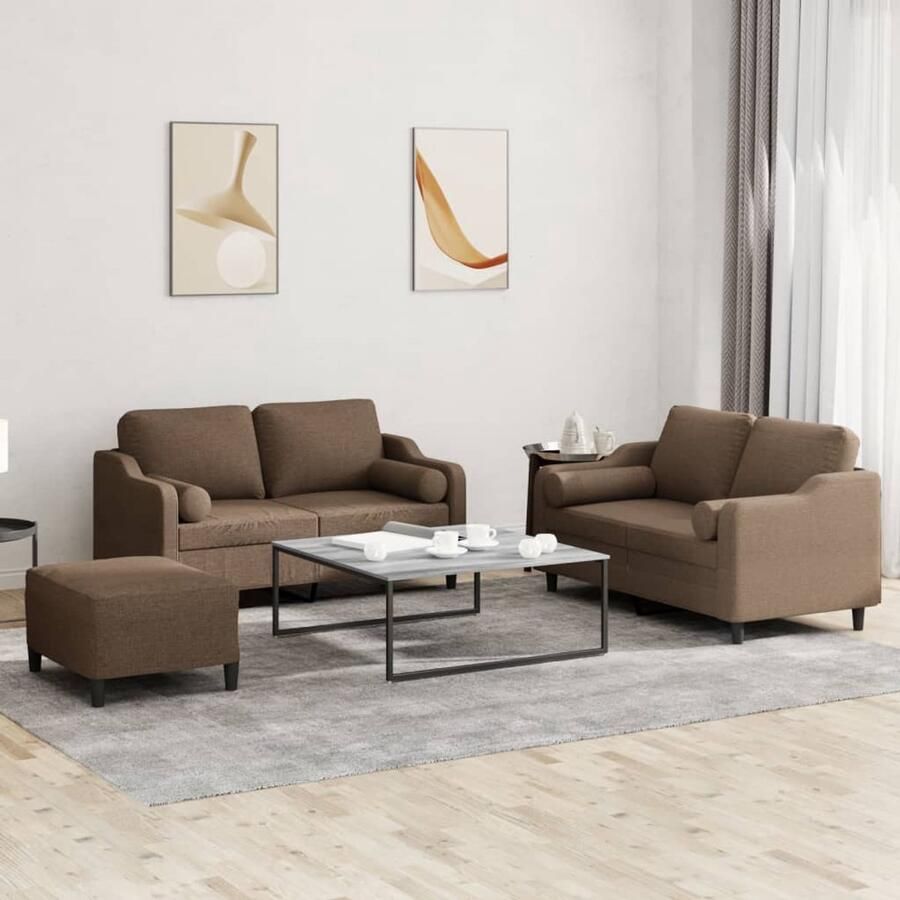 VidaXL Loungeset 3-delig Bruin Inclusief Kussens Loungeset Bruine Bank 2 Persoons Bank Stoffen Bank Lounge Set