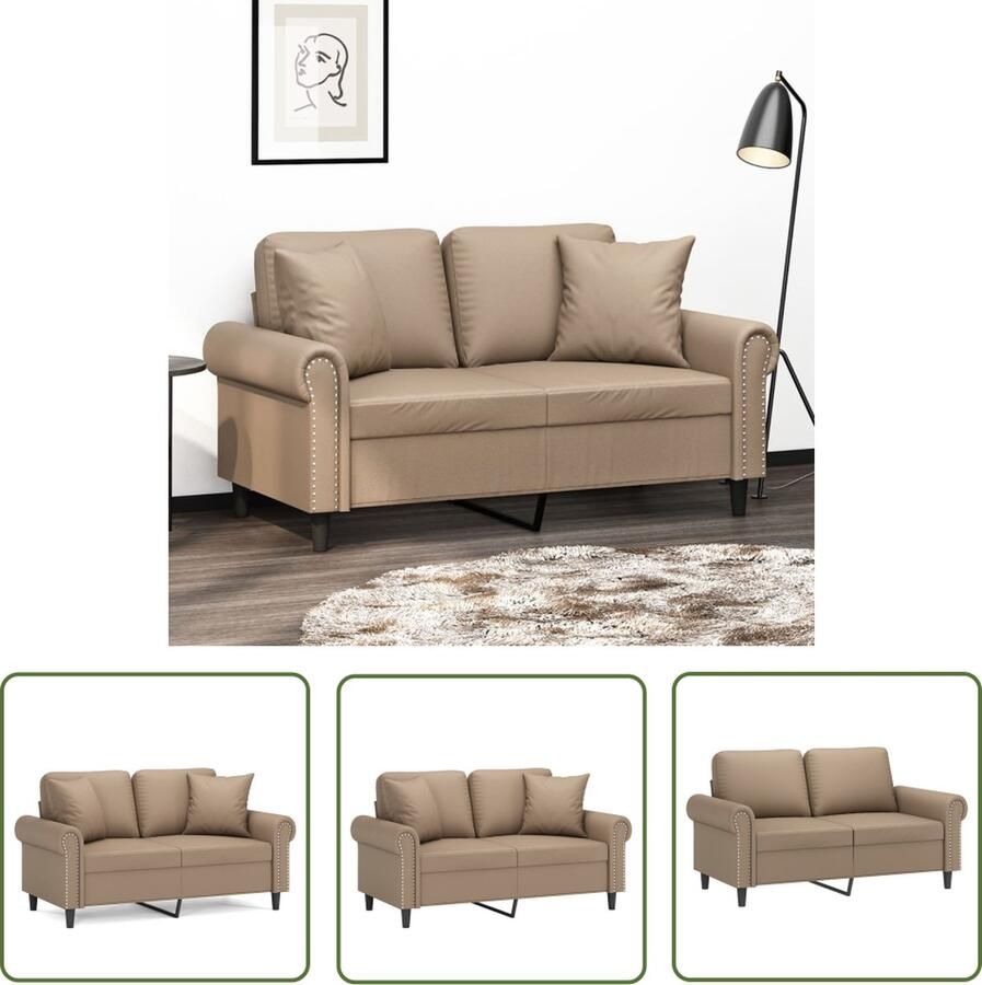 The Living Store Tweezitsbank met sierkussens 120 cm kunstleer cappuccinokleurig Tweezitsbank Bruine Bank Lederlook Bank Lounge Bank Bankstel
