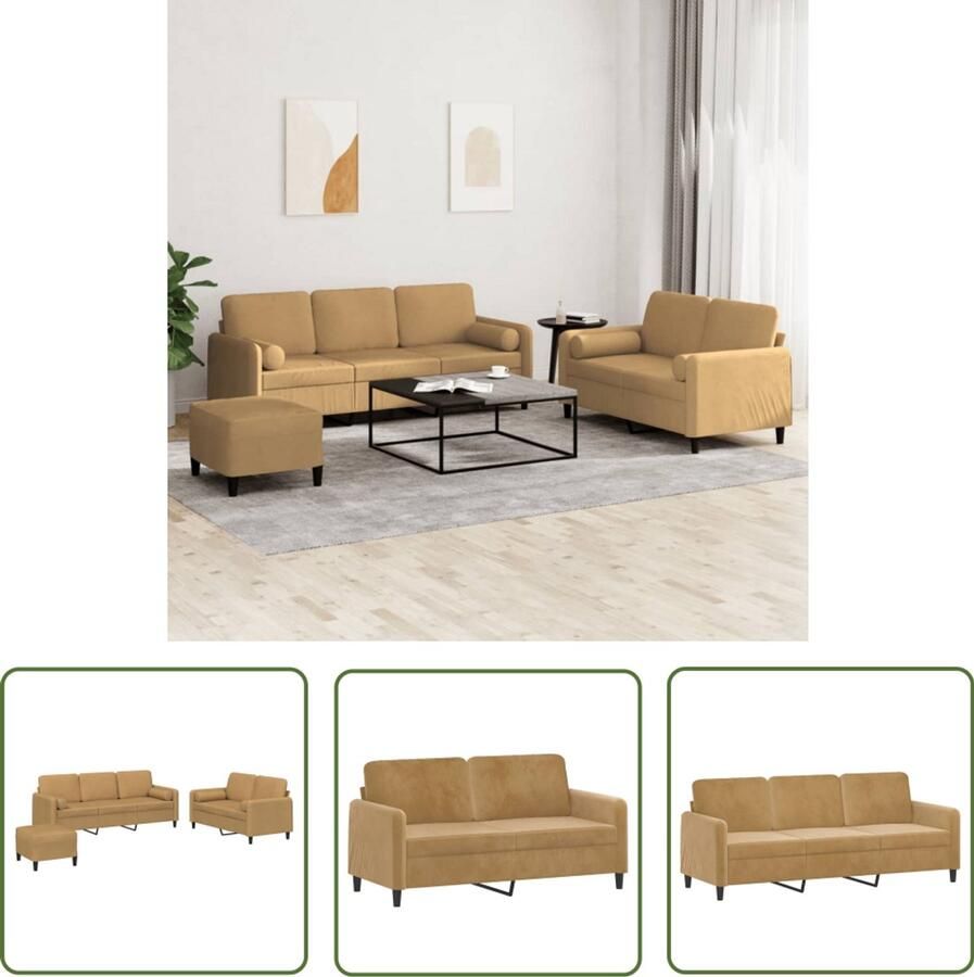 VidaXL Bruine Bankstel Bruine Lounge Suite 3-delige Loungeset met kussens fluweel bruin Velvet Sofa Loungebank 3 Persoons Bank