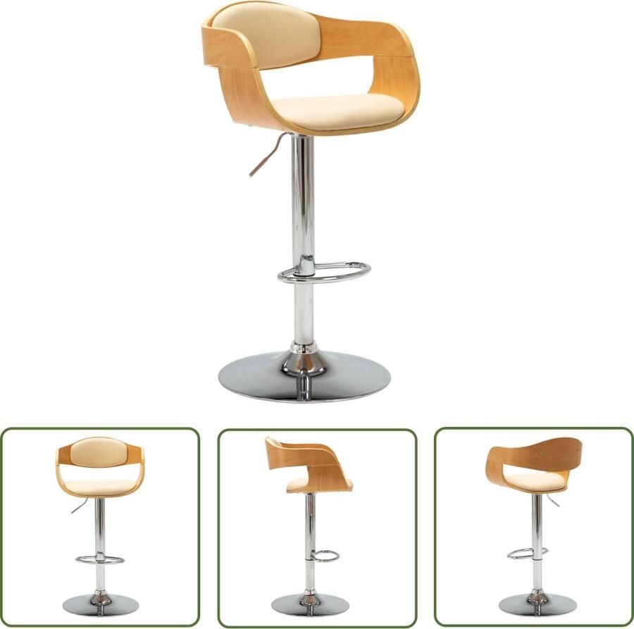 The Living Store Barkruk S- Bruin Gebogen Houten Frame Verchroomde Metalen Basis Gasveermechanisme 49.5 x 50.5 x (87 108) cm Barstoel Bruine Barstoel Kruk Kunstlederen Barstoel Vintage Barstoel - Foto 2