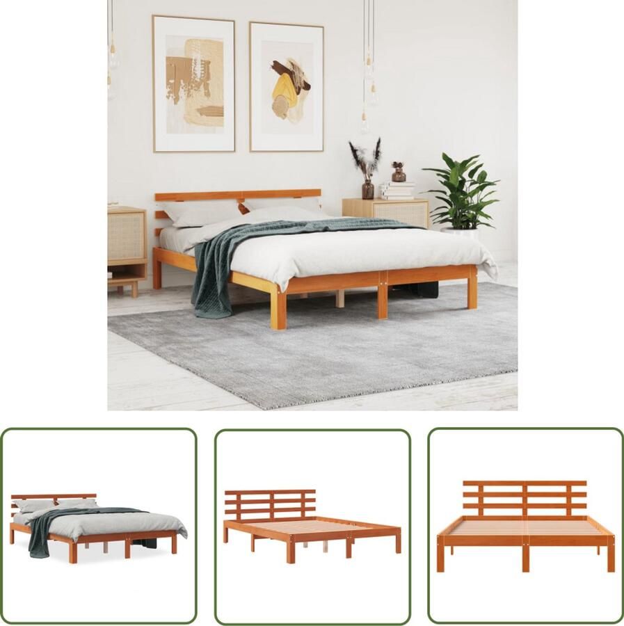 VidaXL Bruine Bed Massief Grenenhout Bed Bedframe zonder matras massief grenenhout wasbruin 135x190 cm Tweepersoons Bed 135x190 Bedframe