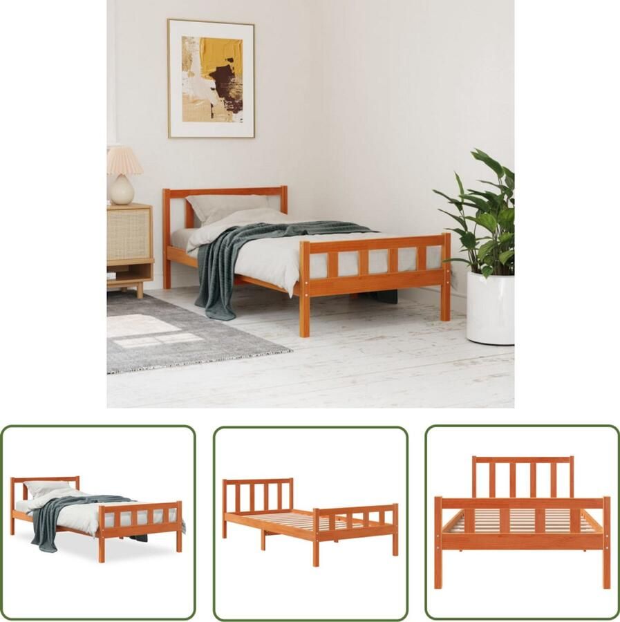 VidaXL Bruine Bed Massief Grenenhout Bed Bedframe zonder matras massief grenenhout wasbruin 90x190 cm Tweepersoons Bed Enkel Bed Bedframe
