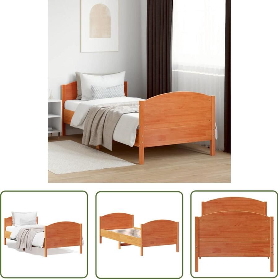 VidaXL Bruine Bed Massief Grenenhout Bed Frame Bedframe zonder matras massief grenenhout wasbruin 90x200 cm Tweepersoons Bed 90x200 Houten Bed - Foto 2