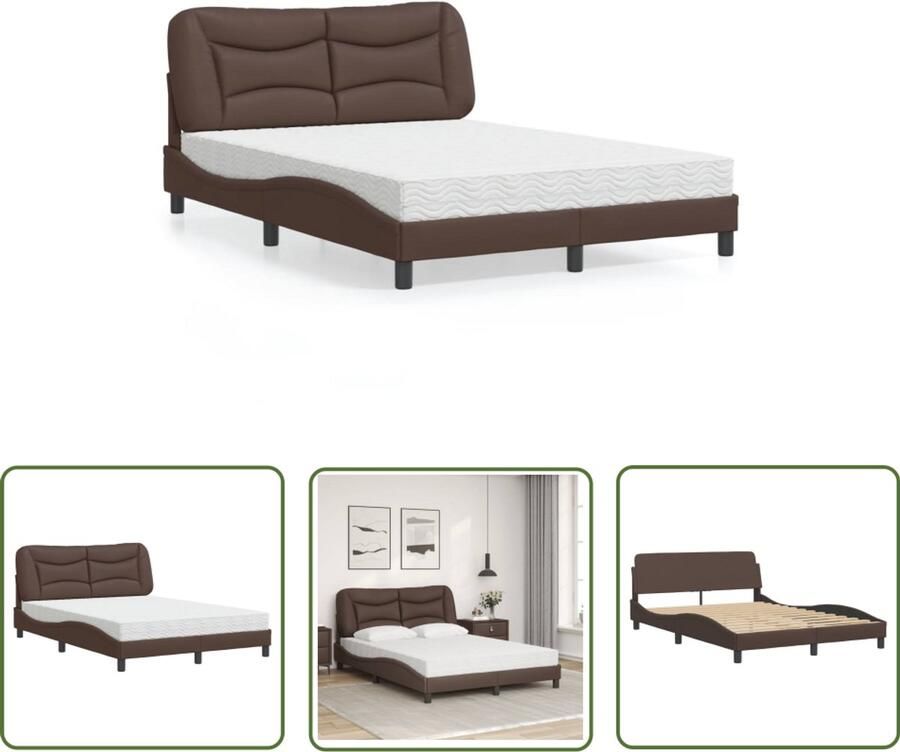 VidaXL Bruine Bedden Bed Frame Bed met matras Hvar kunstleer bruin 140x190 cm Kunstleder Bed Tweepersoonsbed Boxspring Bed