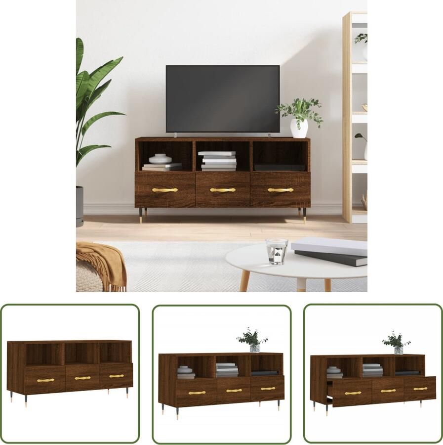 The Living Store TV-meubel Trendy bruineiken 102 x 36 x 50 cm Stevig en praktisch Tv Meubel Bruine Eik Kast Houten Tv Stand Mediakast Salontafel - Foto 2