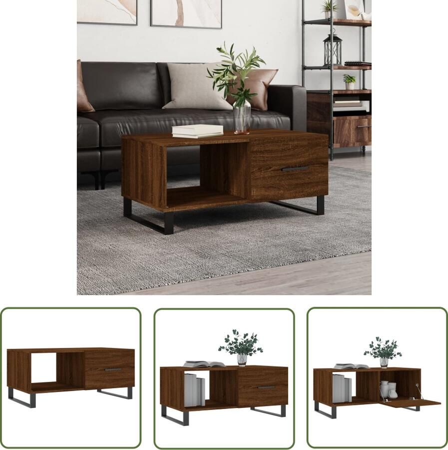 The Living Store Salontafel Bruineiken 90 x 50 x 40 cm Duurzaam Hout Opbergruimte Stevig Tafelblad Praktische Deur IJzeren Poten Salontafel Bruine Eiken Kleur Houten Salontafel Salontafeltje Tv Tafeltje