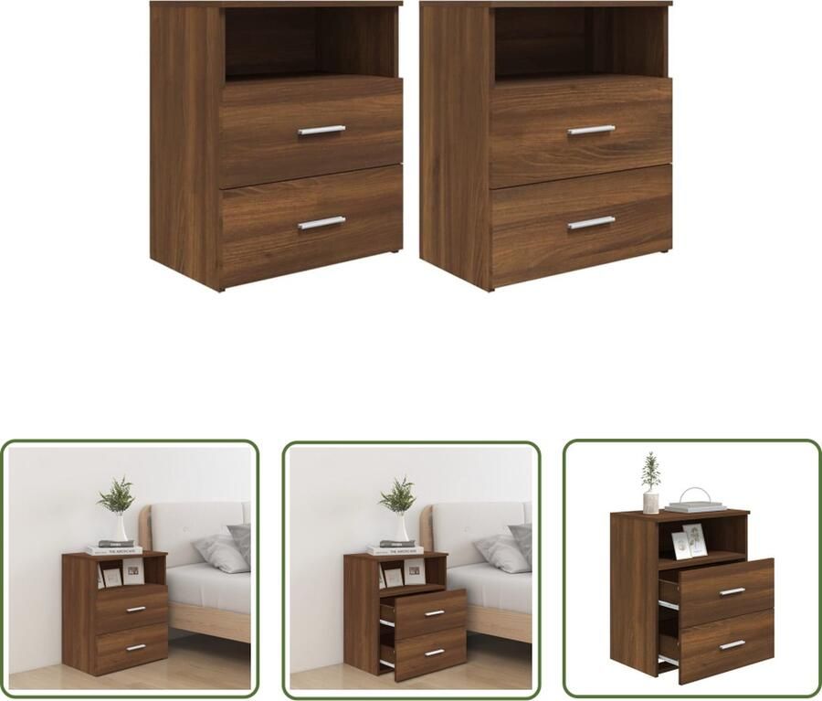 The Living Store Nachtkastjes 2 st 50x32x60 cm bruin eikenkleur Nachtkastjes Bruine Eiken Meubilair Houten Nachtkastjes Sidetable Salontafel - Foto 2