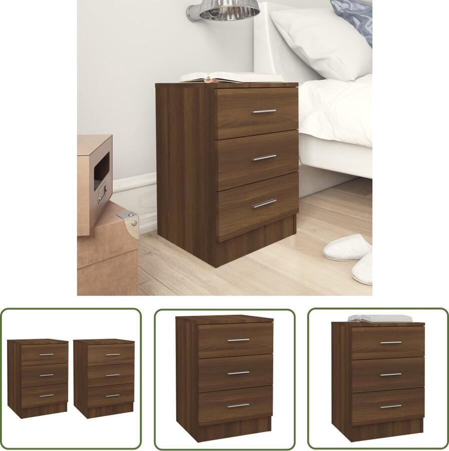 The Living Store Nachtkastjes Bruineiken Klassieke Meubelen 38x35x56 cm 3 Lades Nachtkastjes Bruine Eiken Houten Meubel Bijzettafel Slaapkamermeubilair - Foto 2