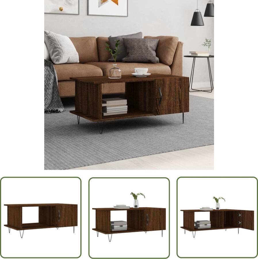 The Living Store Salontafel Bruineiken 90x50x40cm Bewerkt Hout en IJzer Salontafel Bruine Eiken Houten Salontafel Salontafeltje Tv Tafeltje