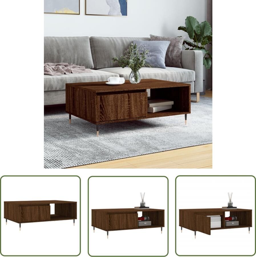 The Living Store Salontafel Bruineiken 90x60x35 cm Bewerkt hout en ijzer Salontafel Bruine Eiken Houten Salontafel Metalen Salontafel Salontafeltje