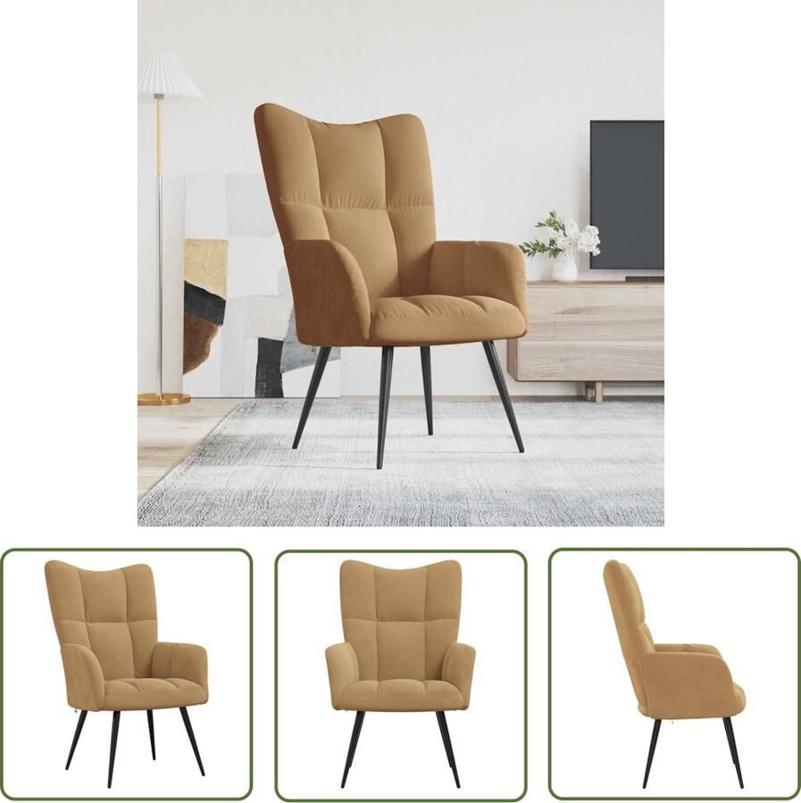 The Living Store Relaxstoel Blokpatroon Bruin 61x70x96.5 cm Fluwelen bekleding Stalen frame Relaxfauteuil Bruine Fauteuils Velvet Fauteuil Lounge Stoel Comfortabele Stoel - Foto 2