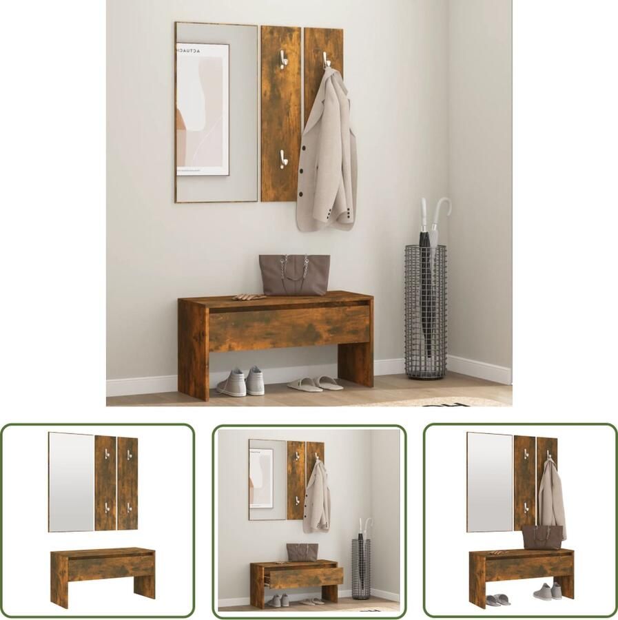 The Living Store Halbank Gerookt Eiken Multifunctioneel 80x30.5x40 cm Inclusief Spiegel Kapstokken Halbank Bruine Halbank Houten Halbank Opbergbank Garderobe - Foto 2