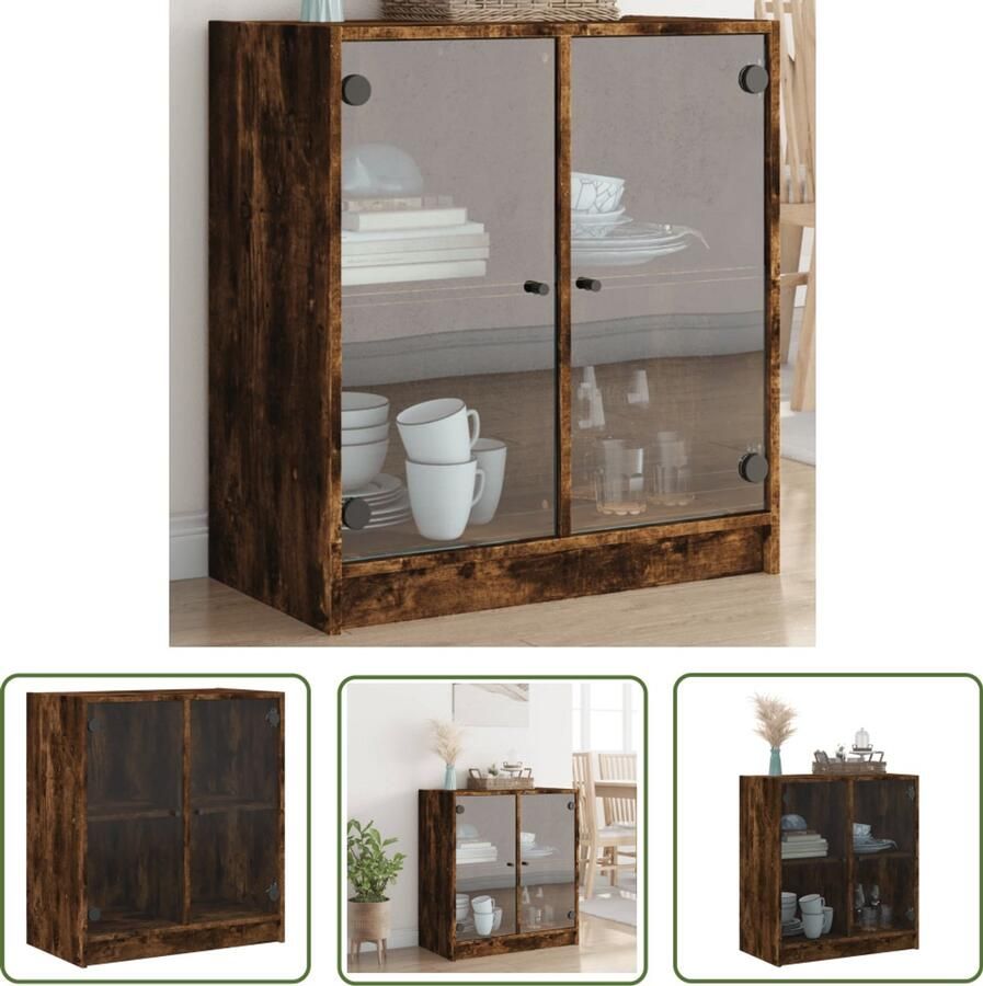 The Living Store Bijzetkast met glazen deuren 68x37x75 5 cm gerookt eikenkleurig Dressoir Vintage Meubel Houten Kast Bergruimte Vitrinekast