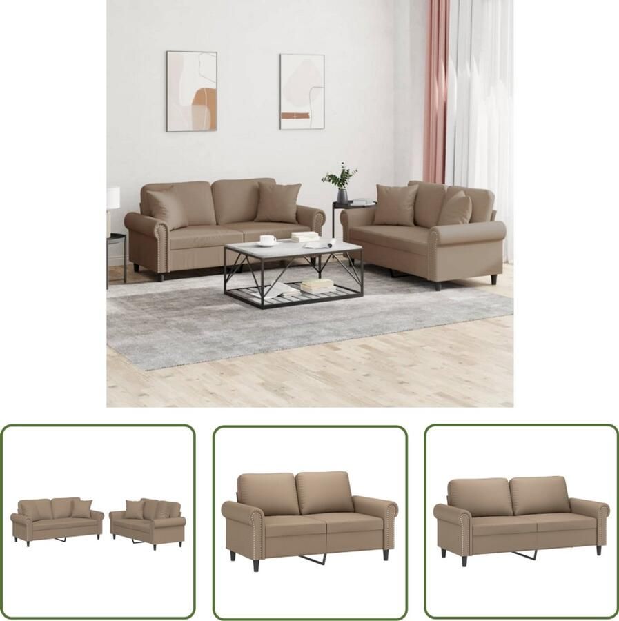 VidaXL Bruine Lounge Set Loungeset 2-delige Loungeset met kussens kunstleer cappuccinokleurig Bruine Bank Kunstleder Bank Salontafel