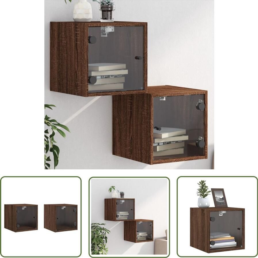 VidaXL Nachtkastjes met glazen deuren 2 st 35x37x35 cm bruineikenkleur Nachtkastjes Bruineiken Houten Nachtkastjes Badkamerkasten Slaapkamermeubilair