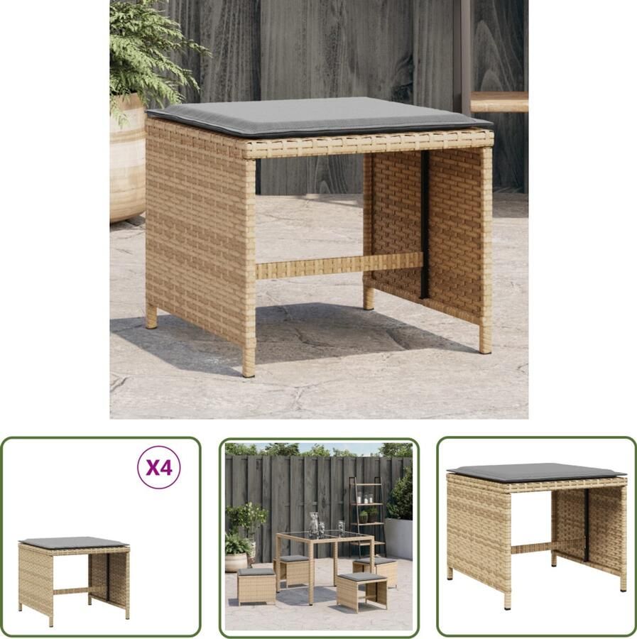 The Living Store Tuinkrukken 4 st met kussens 41x41x36 cm poly rattan beige Tuinkrukken Buitendecoratie Lounge Stoel Patio Furniture Garden Chairs
