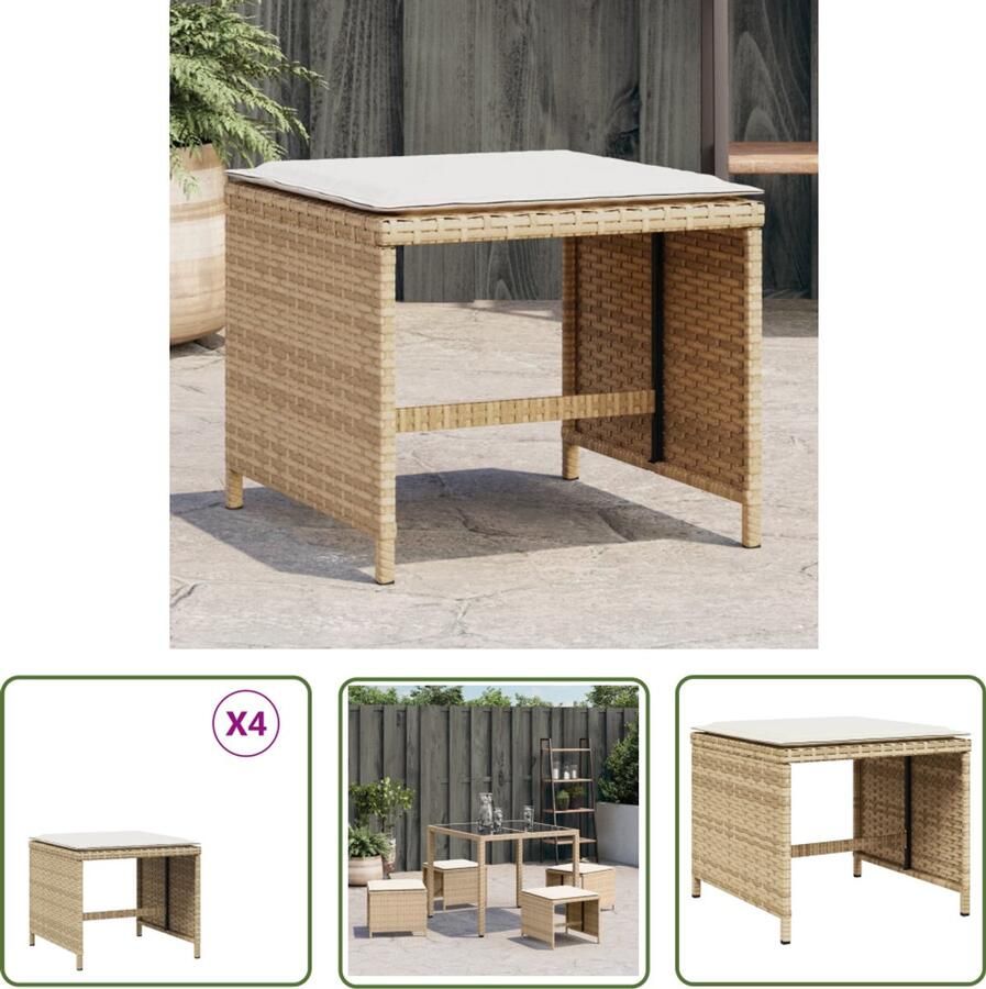 The Living Store Tuinkrukken 4 st met kussens 41x41x36 cm poly rattan beige Tuinkrukken Buitendecoratie Lounge Stoel Patio Meubel Garden Furniture