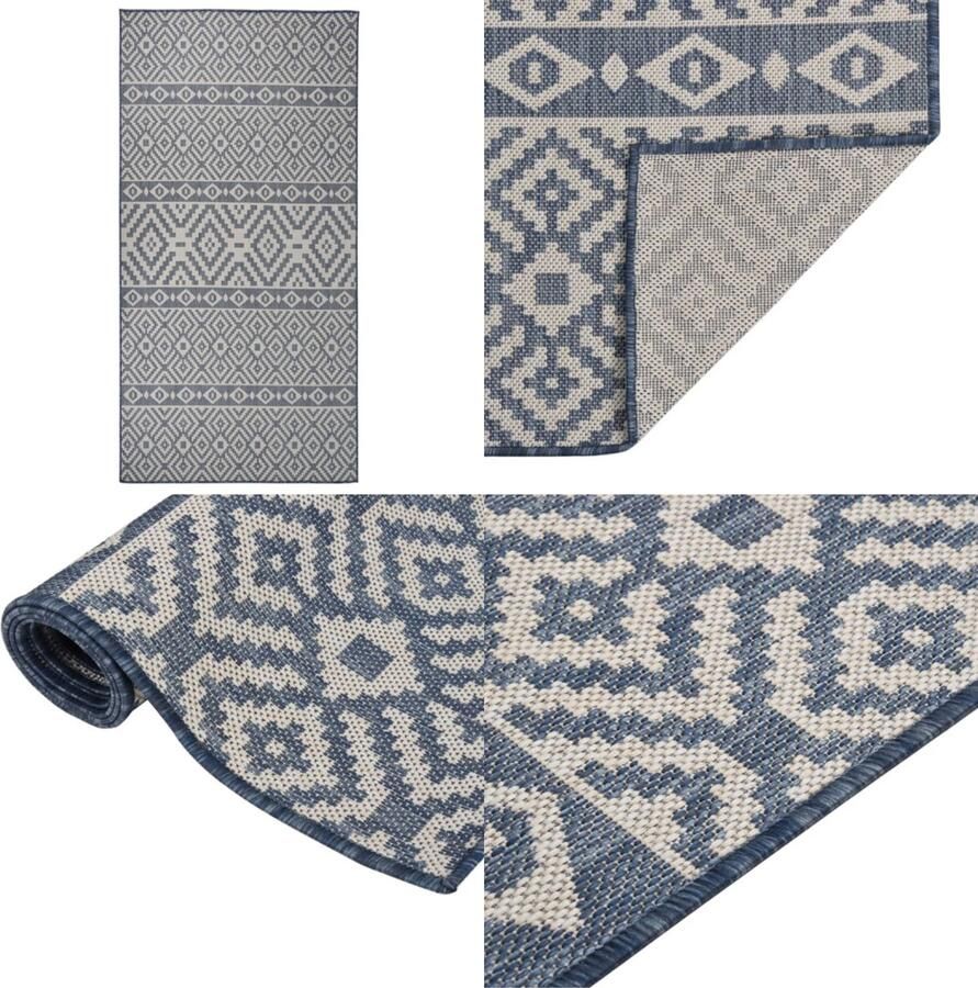 VidaXL Buitenkleed met patroon platgeweven 100x200 cm blauw Buitenkleed Buitenkleden Tuinkleed Platgeweven Buitenkleed