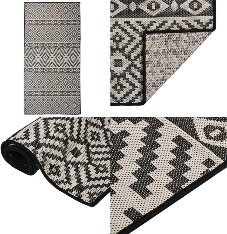 VidaXL Buitenkleed met patroon platgeweven 100x200 cm zwart Buitenkleed Buitenkleden Tuinkleed Platgeweven Buitenkleed