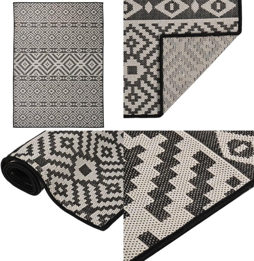 VidaXL Buitenkleed met patroon platgeweven 200x280 cm zwart Buitenkleed Buitenkleden Tuinkleed Platgeweven Buitenkleed