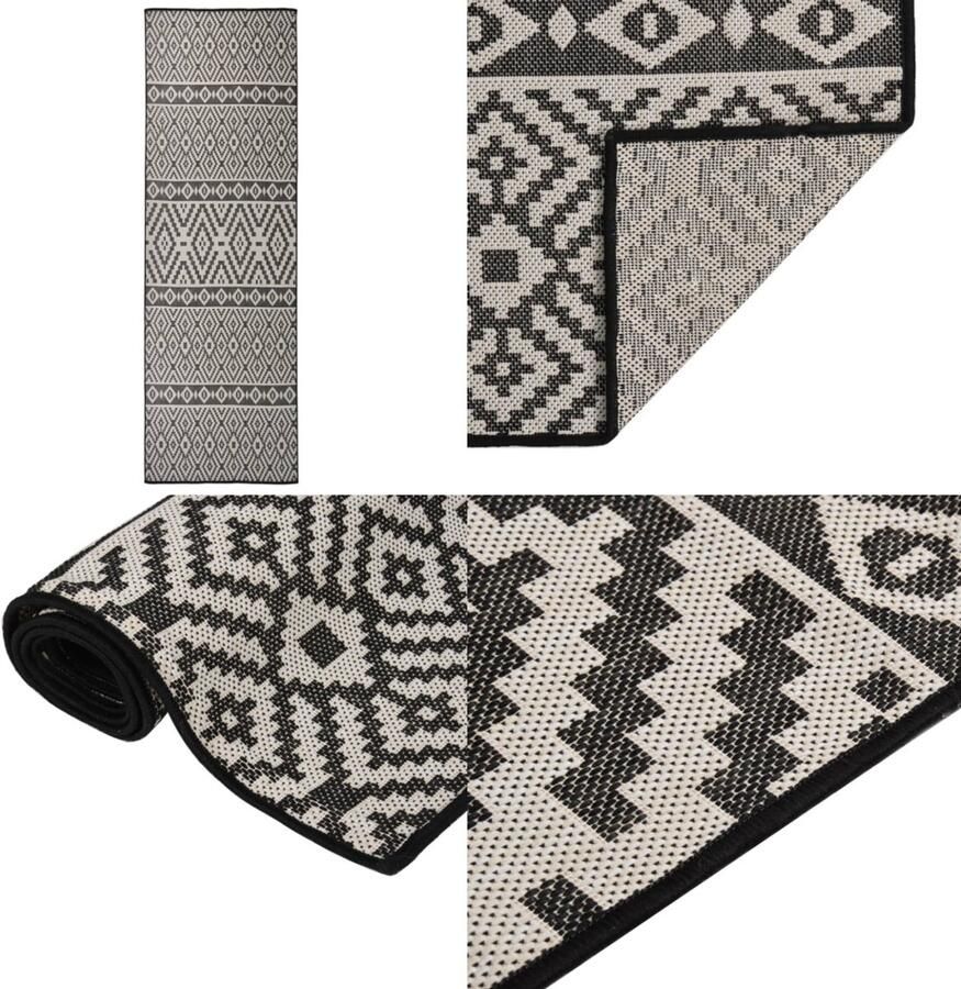 VidaXL Buitenkleed met patroon platgeweven 80x250 cm zwart Buitenkleed Buitenkleden Tuinkleed Platgeweven Buitenkleed