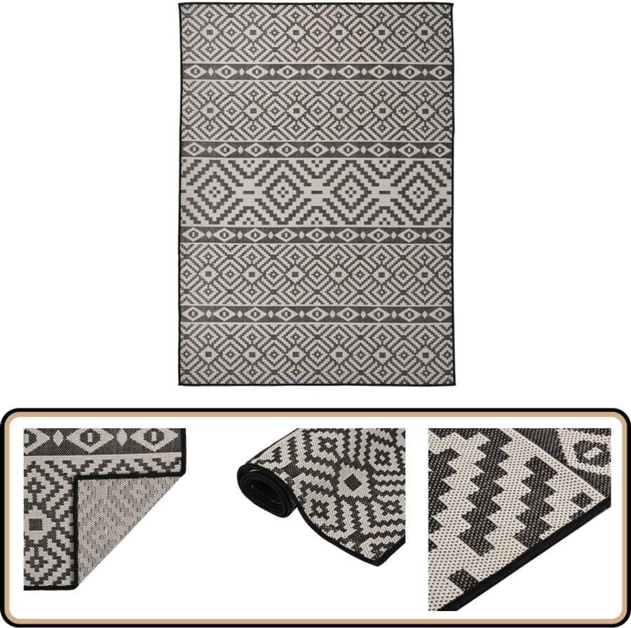 VidaXL Buitenkleed Patroon 200x280 cm Zwart Plat Geweven Buitentapijt Terras Kleed Balkonkleden Tuintapijten Outdoor Tapijt