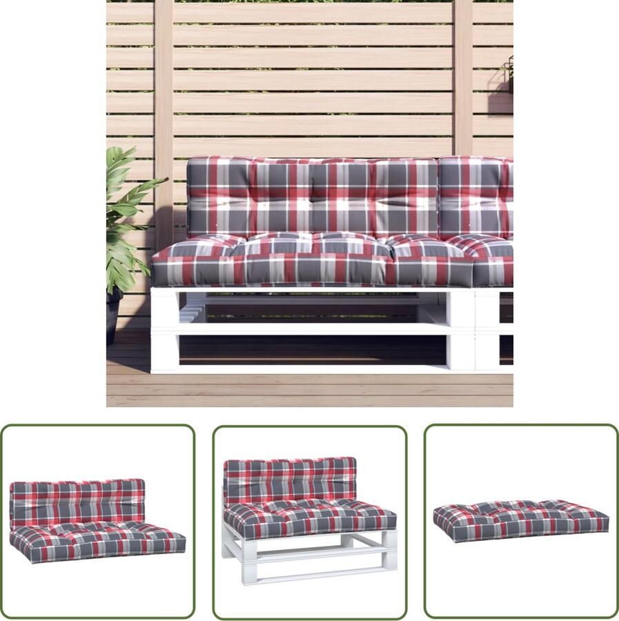 The Living Store Palletkussens 120 x 80 x 12 cm Rood Ruitpatroon Polyester Holle Vezel Palletkussens Buitenkussens Tuinkussens Balkondecoratie Lounge Set