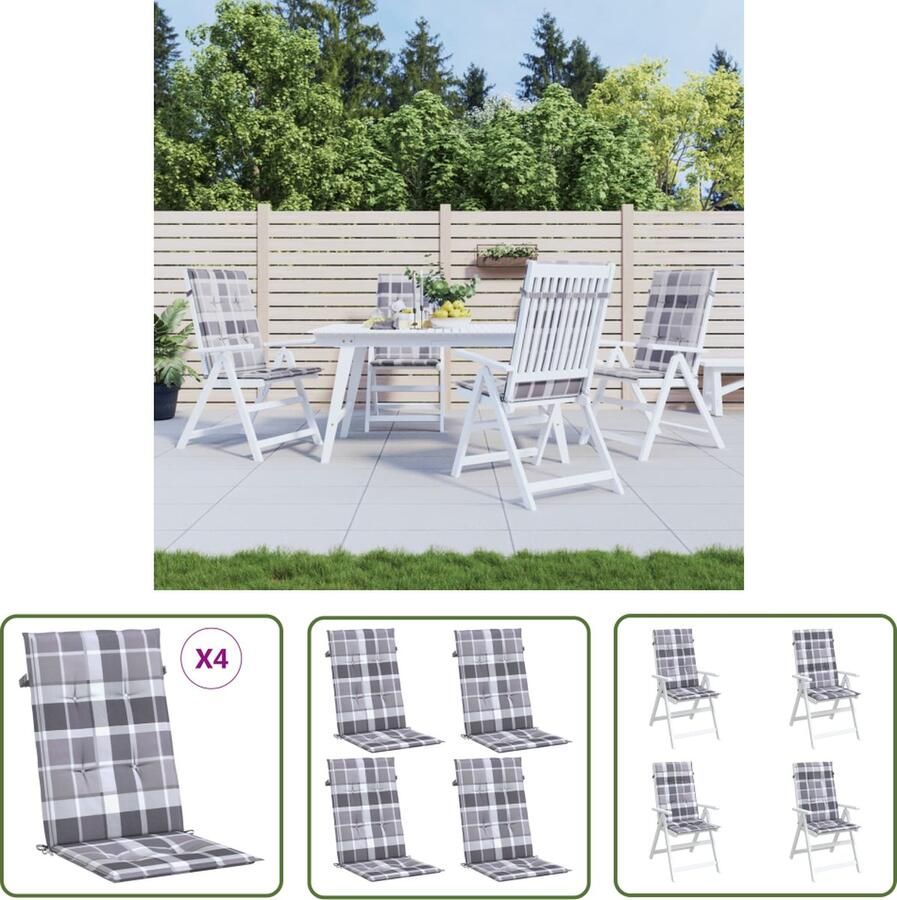 The Living Store Tuinstoelkussens 4 st 120x50x3 cm stof ruitpatroon grijs Tuinstoel Kussentjes Buitenkussens Patio Kussens Balkon Kussens Stoelkussens Grijs