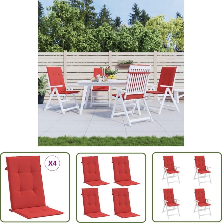 The Living Store Tuinstoelkussens 4 st hoge rug 120x50x3 cm stof rood Tuinstoel Kussentjes Buitenkussens Stoelkussens Rood Lounge Kussens Balkon Kussens