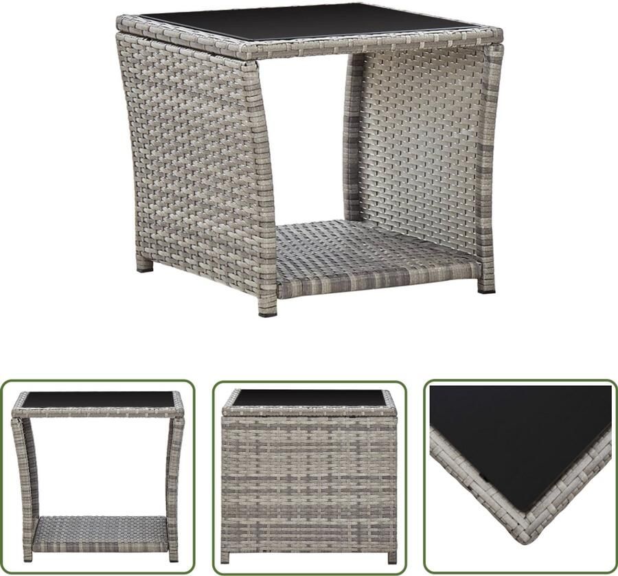 VidaXL Salontafel 45x45x40 cm poly rattan en glas grijs Salontafel Buitentafel Terrastafel Rattastablet Ronde Tafel